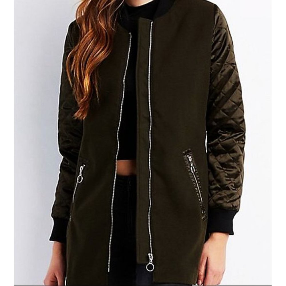 Charlotte Russe Longline Bomber Jacket Olive Army Green Long Moto Edgy Coat S